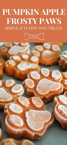 pumpkin apple frosted dog treats on a baking sheet with text overlay that reads, pumpkin apple frosting paws simple and yummy dog treats