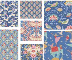 six different patterns with birds, flowers and elephants on blue background for wallpapers