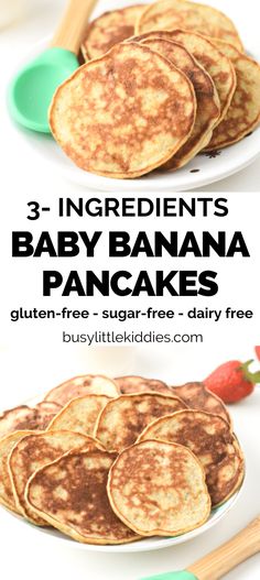 three ingredient baby banana pancakes on a plate with strawberries