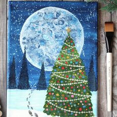 a painting of a christmas tree with the moon in the background and some other items nearby