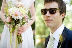 a man wearing sunglasses and holding a bridal bouquet