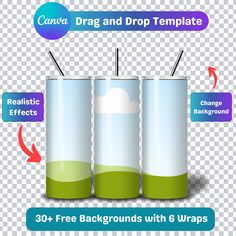 three empty coffee cups with straws in them on a transparent background, labeled drag and drop template