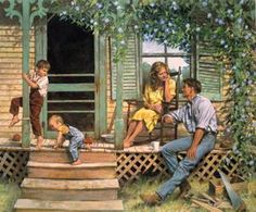 an old russian poster shows two children and their parents on the porch, one is playing with his mother