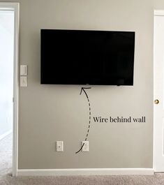 a tv mounted on the wall with wires attached to it's back and saying wire behind wall