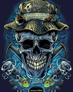 a skull wearing a hat with two fish on it's head and the words, pirates