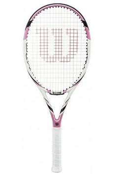 a pink and white tennis racket with the word love on it