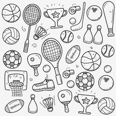 black and white drawing of various sports items