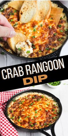 a person dipping bread into a skillet filled with crab rangoon dip