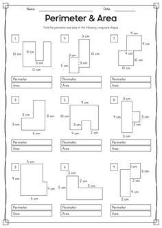 the perimeter and area worksheet is shown in black and white, with numbers on it