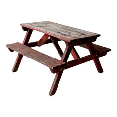 a wooden picnic table sitting on top of a white background