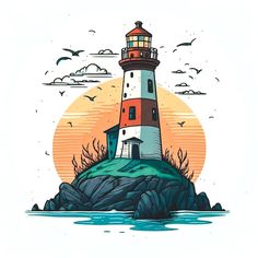 a drawing of a lighthouse on top of a small island