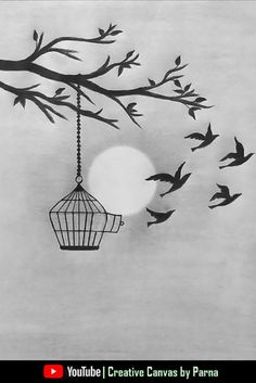 a tree with birds flying around it and a birdcage hanging from the branch