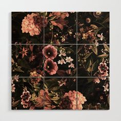 four panels with flowers on them in different colors and sizes, each featuring an assortment of leaves