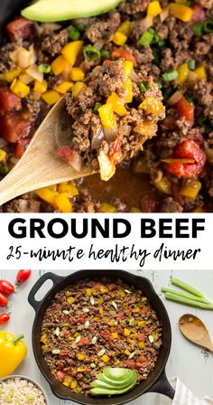 ground beef and vegetables in a skillet with text overlay that reads ground beef 25 - minute healthy dinner