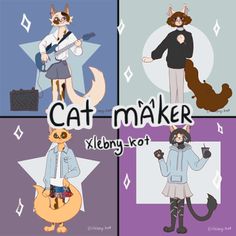 an image of cat maker characters in four different colors and styles with caption below