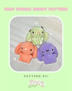 three stuffed animals sitting on top of a white sheet with green and pink lettering that says, baby spring bunny pattern