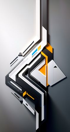 an abstract design with black, white and yellow accents on a gray background is featured in this image