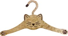 a wooden cat hanger with paw prints on it's head and eyes, hanging from a hook