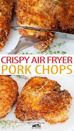 crispy air fryer pork chops on a white plate with text overlay