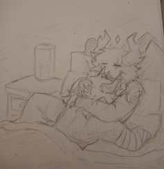 a drawing of a person laying in bed