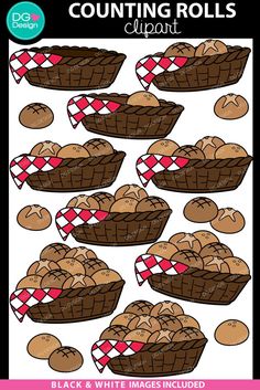 counting rolls clipart with black and white images including the numbers 1 - 10 in each basket