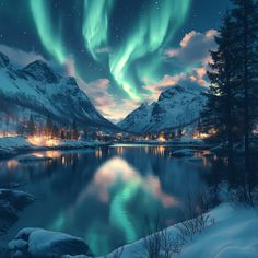 an aurora bore over a mountain lake at night with lights in the sky and snow on the ground