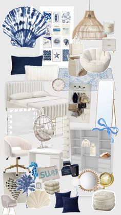 a collage of blue and white items