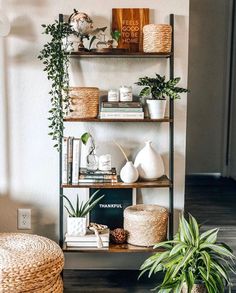 a shelf filled with plants and books on top of a wooden floor next to a potted plant