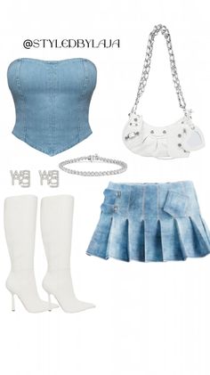 Denim Outfit Skirt, Denim Club Outfit, Mini Skirt Fits Denim, Denim On Denim Skirt Outfit, Mini Skirt Inspo Outfit, Outfit Inspo Birthday, Mini Skirt Ideas, Denim Purse Outfit, Denim Skirt Fits