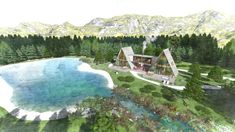 an artist's rendering of a house in the woods next to a body of water