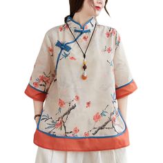 PRICES MAY VARY. Linen,Polyester,Linen Fabric Button closure Retro style unique Chinese Qipao frogs make you look elegant.cute and vintage summer tunic tops, polyester and linen fabric soft and comfortable to wear. Feature:Chinese traditional style buttons,Cotton Linen shirt half sleeves,Comfortable and loose version.easy to match with leggings/jeans/shorts. This loose-fit linen blouse is great for any occasion including daily wear,outdoor,leisure,holiday,camping,and any casual time. Casual ligh Half Sleeve Tops, Linen Blouse, Loose Blouse, Retro Shirts, Sleeves Pattern, Cotton Tops, Chinese Style