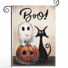 a black cat sitting next to a jack - o'- lantern with a ghost on it