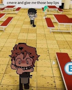 an animated image of a boy standing in a room with rows of benches on the floor