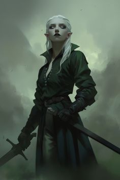 a woman with white hair holding two swords