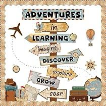 an image of a poster with the words adventures in learning, imagine, explore and grow