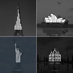 four different logos designed to look like the statue of liberty and the city's famous landmarks