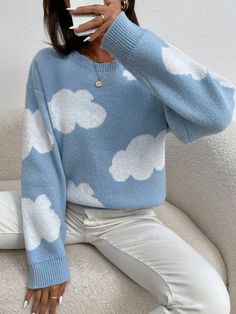 Cloud Pattern Drop Shoulder Sweater | SHEIN USA Cloud Outfit, Cloud Pattern, Teen Outfits, Drop Shoulder Sweater, Goth Beauty, Crochet Clutch, Pullover Outfit, Clouds Pattern, Women Sweaters