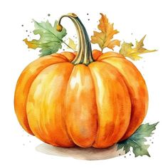 a watercolor painting of a pumpkin with leaves