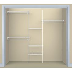 an empty walk in closet with shelves and shelving unit on the wall above it