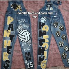 Custom made to order senior/hoco jeans. Walk in style showing your school spirit! I don't have finished jeans as this is a made to order item. See below for more info! JEANS WOULD NEED TO BE SHIPPED TO IN ORDER TO DO IT. Cheer Pants Ideas, Volleyball Painted Jeans, Homecoming Jeans Ideas Sophomore, Homecoming Pants Ideas Junior, Homecoming Painted Jeans Ideas, Hoco Jeans Ideas, Painted Homecoming Jeans, Hoco Pants Ideas Sophomore, Painted Pants School Spirit