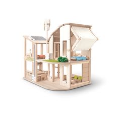 a wooden dollhouse with furniture and accessories