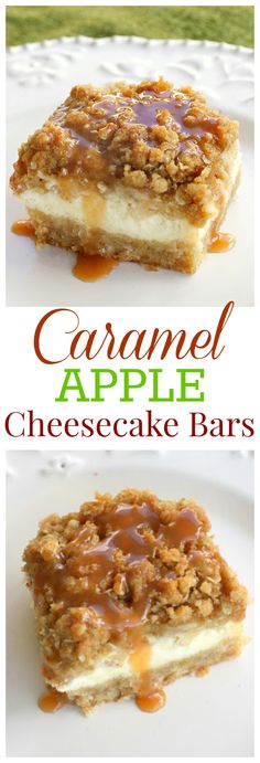 caramel apple cheesecake bars on a white plate