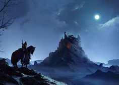 a man riding on the back of a horse next to a tall mountain under a full moon