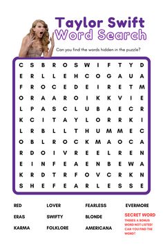 the taylor swift word search is shown in purple