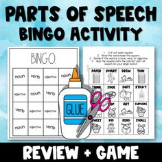 parts of speech bingo activity with scissors and glue