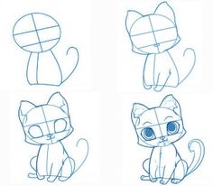 the steps to draw a cartoon cat in four different ways, including one with blue eyes