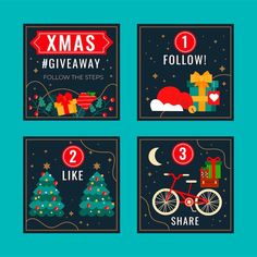 four christmas cards with the words xmas giveaway, follow the steps and bike share