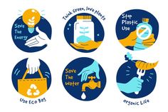 four different types of handwashes are shown in blue and yellow circles with the words save the water, green live earth, stop plastic use