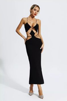 Unique, avant-garde, and full of charm... these are all descriptions that belong to our Aurelia Black Bandage Slip Maxi Dress. It's tailored to flatter your figure. This metal chain-embellished dress is made from stretchy fabric for a comfortable fit. Hollow cut, generously showing healthy curves. Wear it with heels for midnight parties or cocktail parties.  Dress Length: Approx 127cm Materials: Bandage（Spandex） Gentle Dry Clean Only  Model is 5 ft 7 and wears size S  Colour may vary due to ligh Glitter Wedding Dress, Bandage Midi Dress, Floral Shirt Dress, Strappy Dresses, Puff Sleeve Dresses, Long Maxi, Maxi Knit Dress, Shop Maxi Dresses, Bandage Dress