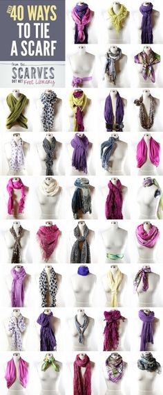 This is so cool... Who knew that you can tie a scarf 40 ways. I didn't!! Ways To Tie A Scarf, Áo Blu, Ways To Tie Scarves, Tie A Scarf, شال كروشيه, Rocker Girl, Ways To Wear A Scarf